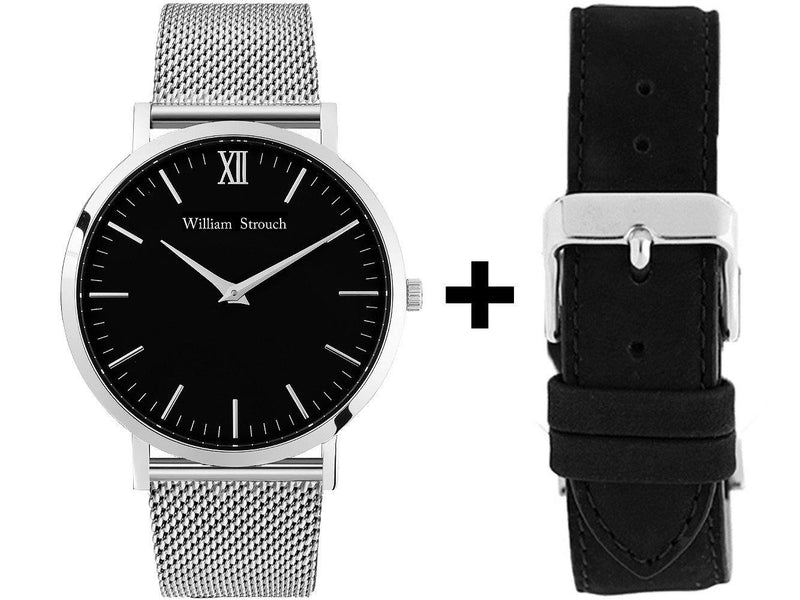 Watch - SILVER AND BLACK + LEATHER STRAP